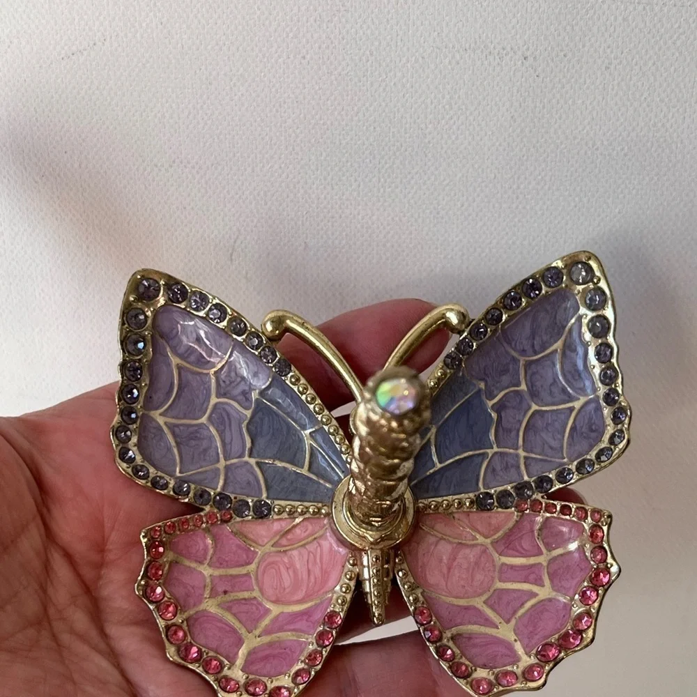 Pink purple Enamel and Gold Plated Butterfly Jewelry Ring Holder w/ Crystals